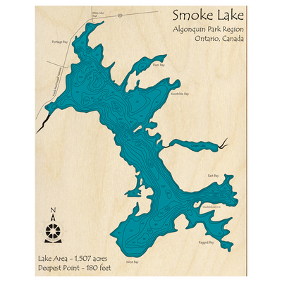 Bathymetric topo map of Smoke Lake, ON with roads, towns and depths noted in blue water.