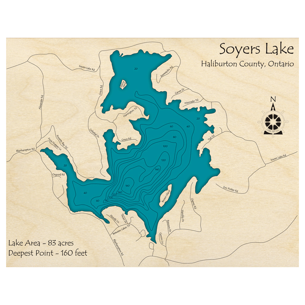 Bathymetric topo map of Soyers Lake, ON with roads, towns and depths noted in blue water.