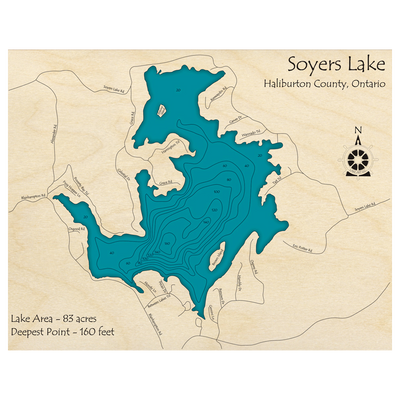 Bathymetric topo map of Soyers Lake, ON with roads, towns and depths noted in blue water.