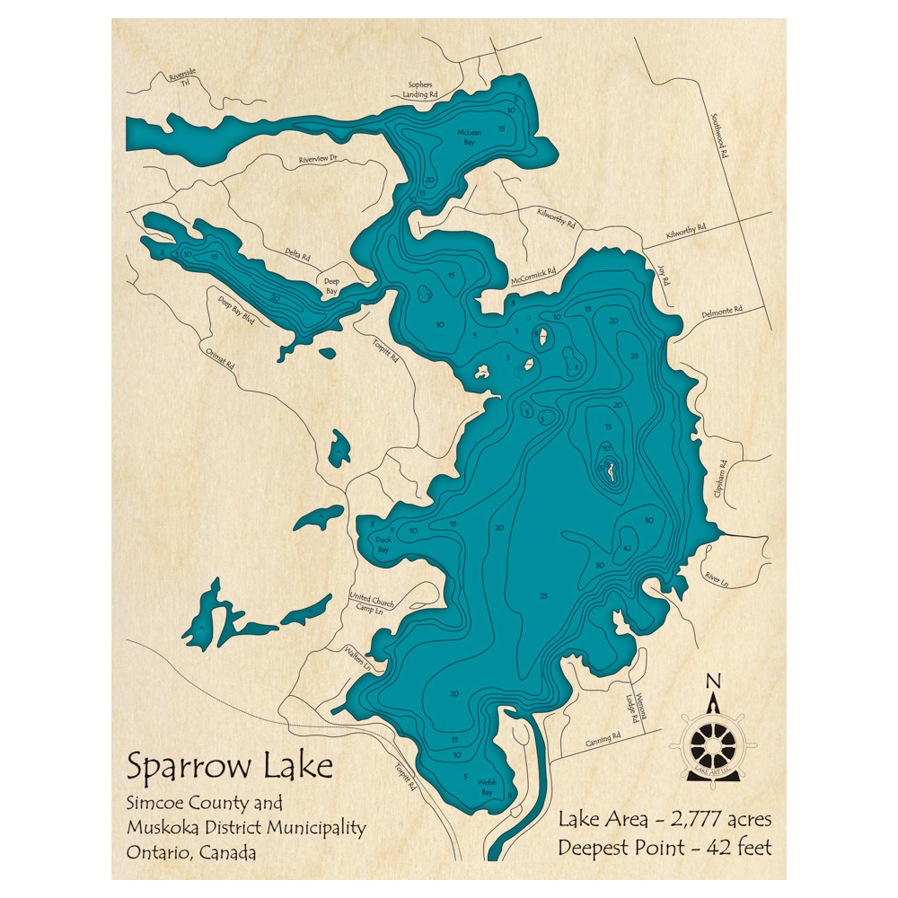 Bathymetric topo map of Sparrow Lake, ON with roads, towns and depths noted in blue water.
