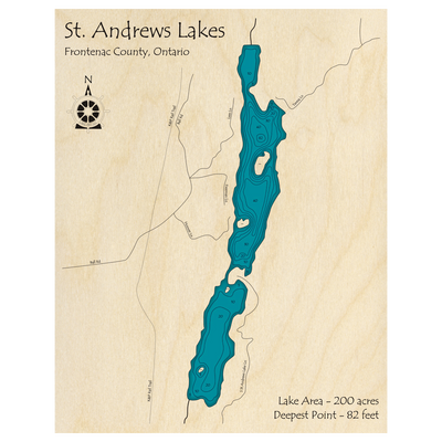 Bathymetric topo map of St Andrews Lakes, ON with roads, towns and depths noted in blue water.