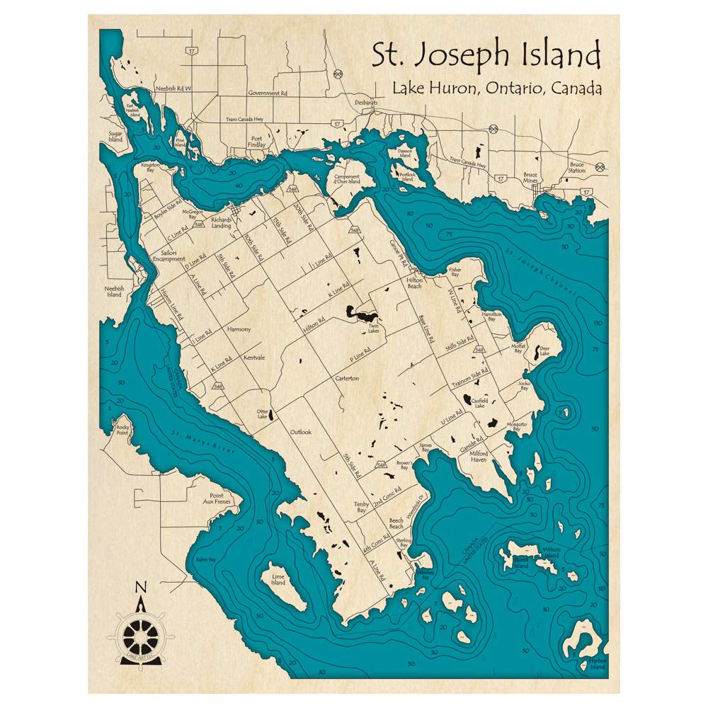 Bathymetric topo map of St Joseph Island, ON with roads, towns and depths noted in blue water.