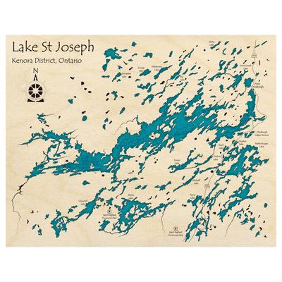 Bathymetric topo map of Lake St Joseph, ON with roads, towns and depths noted in blue water.