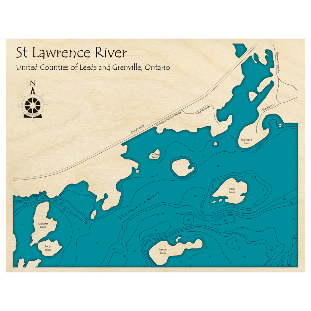 Bathymetric topo map of St Lawrence River, ON with roads, towns and depths noted in blue water.