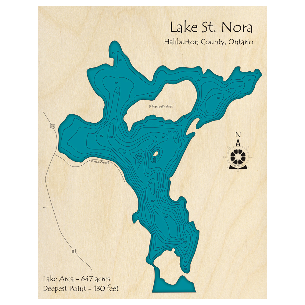 Bathymetric topo map of Lake St Nora, ON with roads, towns and depths noted in blue water.