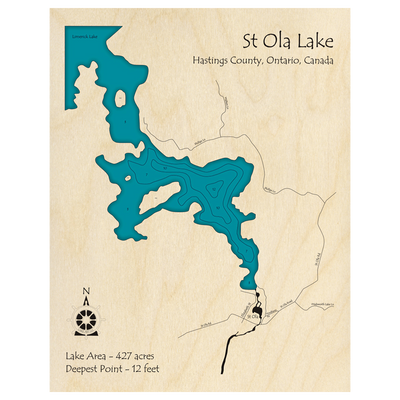 Bathymetric topo map of St Ola Lake, ON with roads, towns and depths noted in blue water.