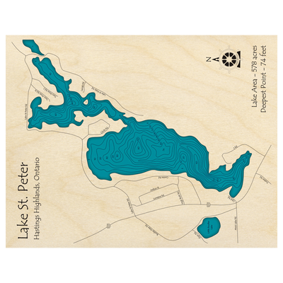 Bathymetric topo map of Lake St Peter, ON with roads, towns and depths noted in blue water.