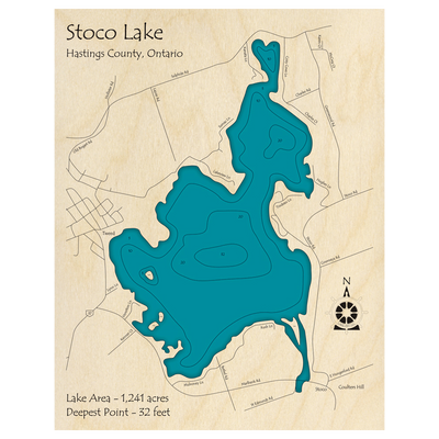 Bathymetric topo map of Stoco Lake, ON with roads, towns and depths noted in blue water.