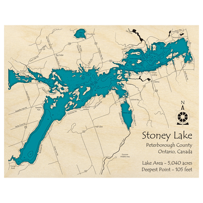 Bathymetric topo map of Stoney Lake, ON with roads, towns and depths noted in blue water.