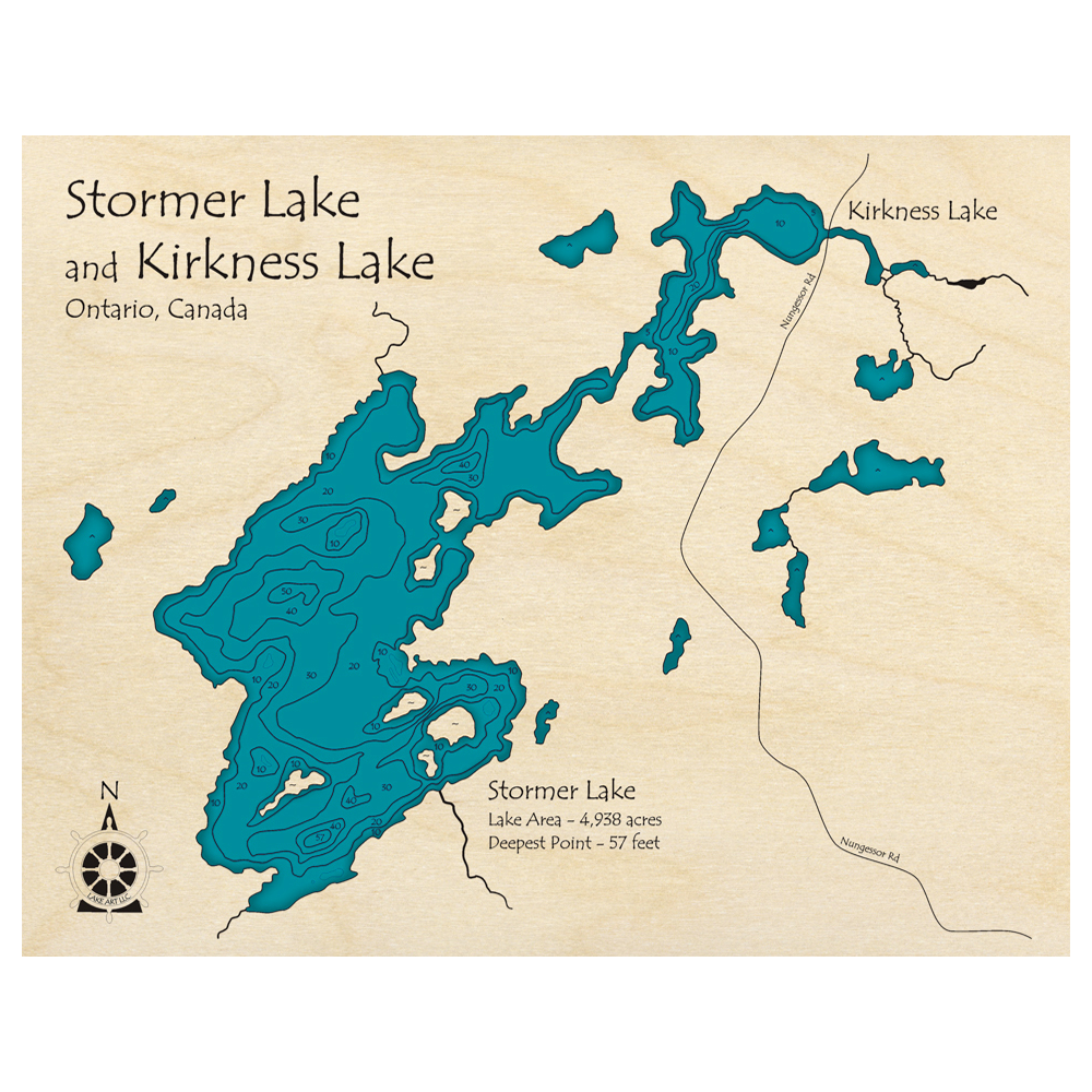 Bathymetric topo map of Stormer Lake and Kirkness Lake, ON with roads, towns and depths noted in blue water.