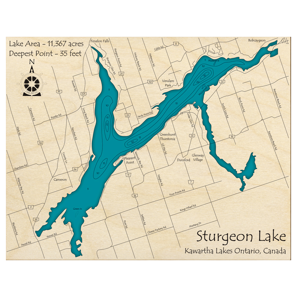 Bathymetric topo map of Sturgeon Lake, ON with roads, towns and depths noted in blue water.