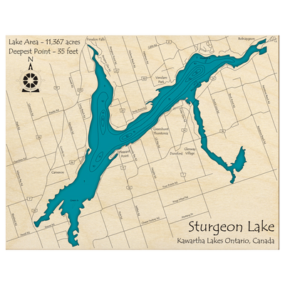 Bathymetric topo map of Sturgeon Lake, ON with roads, towns and depths noted in blue water.