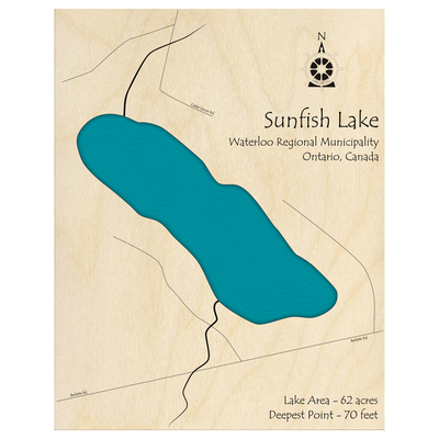 Bathymetric topo map of Sunfish Lake, ON with roads, towns and depths noted in blue water.