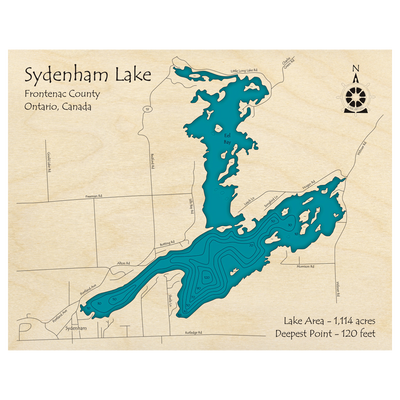 Bathymetric topo map of Sydenham Lake, ON with roads, towns and depths noted in blue water.