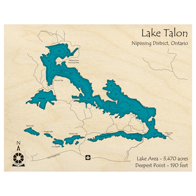 Bathymetric topo map of Lake Talon, ON with roads, towns and depths noted in blue water.