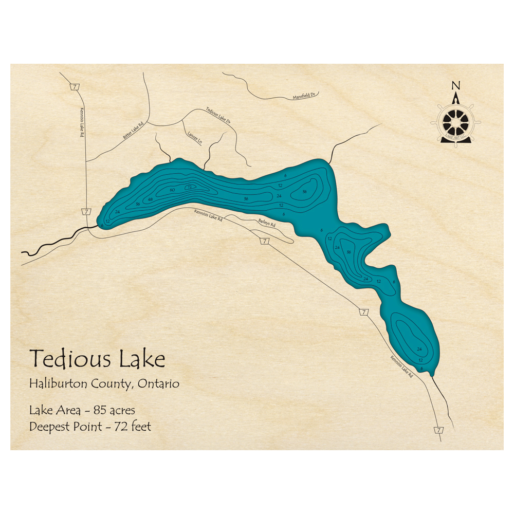 Bathymetric topo map of Tedious Lake, ON with roads, towns and depths noted in blue water.