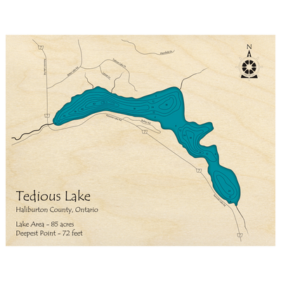 Bathymetric topo map of Tedious Lake, ON with roads, towns and depths noted in blue water.