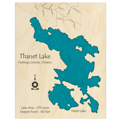 Bathymetric topo map of Thanet Lake, ON with roads, towns and depths noted in blue water.
