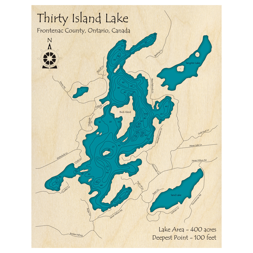 Bathymetric topo map of Thirty Island Lake, ON with roads, towns and depths noted in blue water.