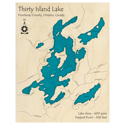 Bathymetric topo map of Thirty Island Lake, ON with roads, towns and depths noted in blue water.
