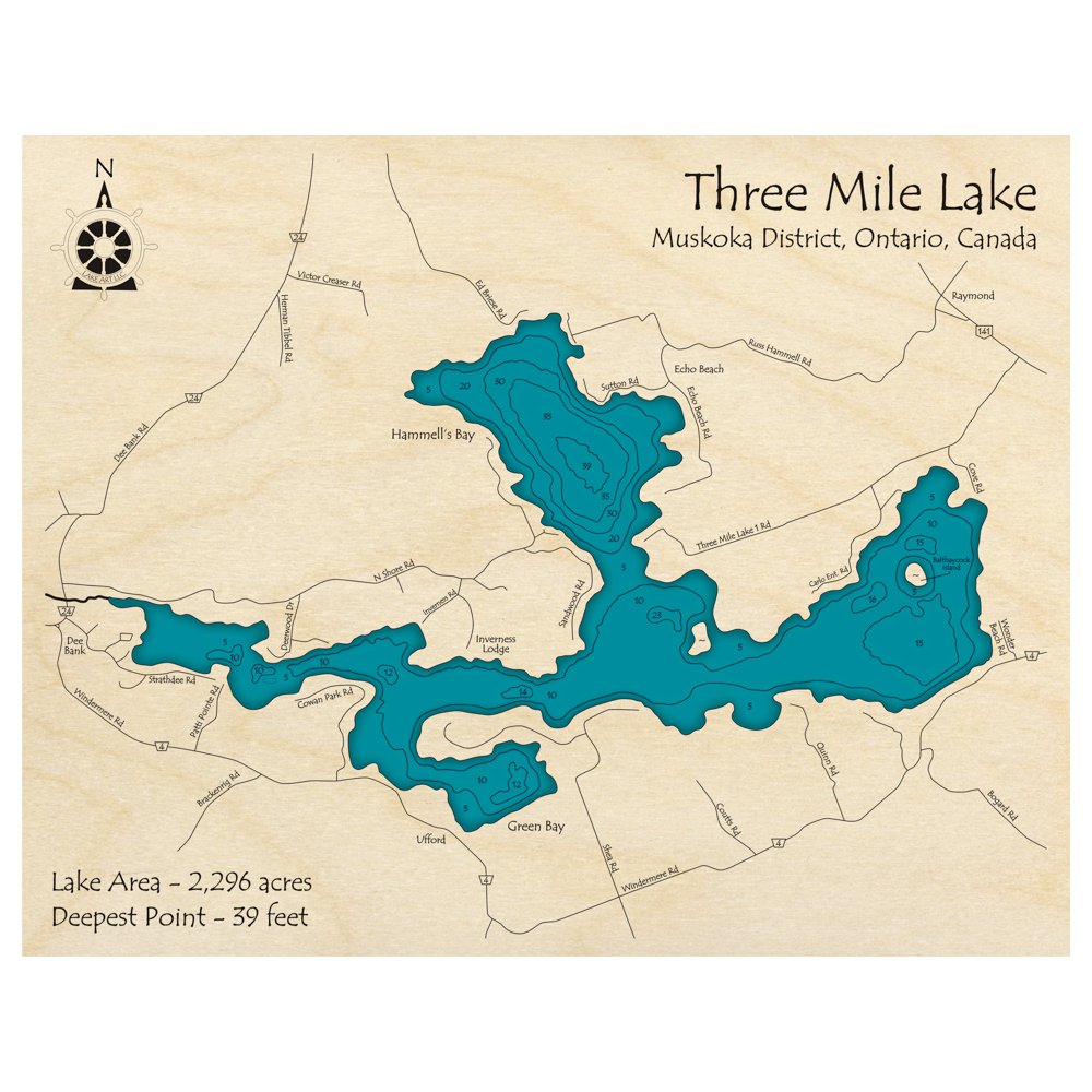 Bathymetric topo map of Three Mile Lake, ON with roads, towns and depths noted in blue water.
