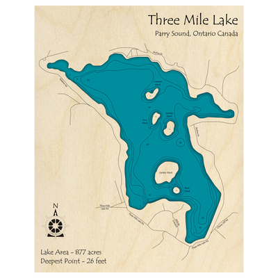 Bathymetric topo map of Three Mile Lake, ON with roads, towns and depths noted in blue water.