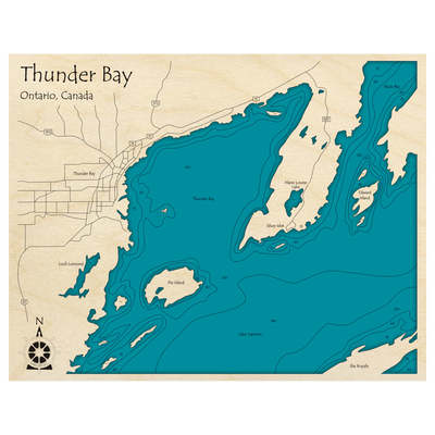 Bathymetric topo map of Thunder Bay, ON with roads, towns and depths noted in blue water.