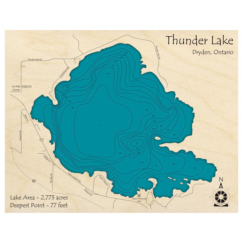 Bathymetric topo map of Thunder Lake, ON with roads, towns and depths noted in blue water.