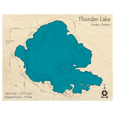 Bathymetric topo map of Thunder Lake, ON with roads, towns and depths noted in blue water.