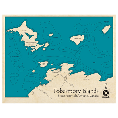 Bathymetric topo map of Tobermory Islands, ON with roads, towns and depths noted in blue water.