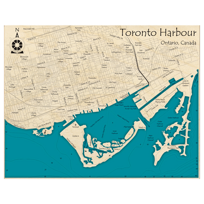 Bathymetric topo map of Toronto Harbour, ON with roads, towns and depths noted in blue water.