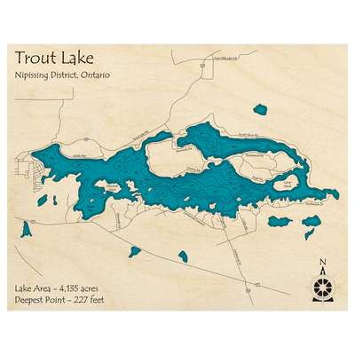 Bathymetric topo map of Trout Lake, ON with roads, towns and depths noted in blue water.