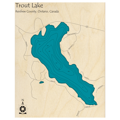 Bathymetric topo map of Trout Lake, ON with roads, towns and depths noted in blue water.