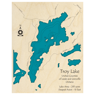 Bathymetric topo map of Troy Lake, ON with roads, towns and depths noted in blue water.