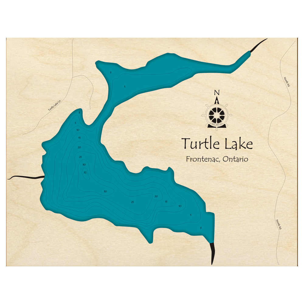 Bathymetric topo map of Turtle Lake, ON with roads, towns and depths noted in blue water.