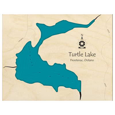 Bathymetric topo map of Turtle Lake, ON with roads, towns and depths noted in blue water.