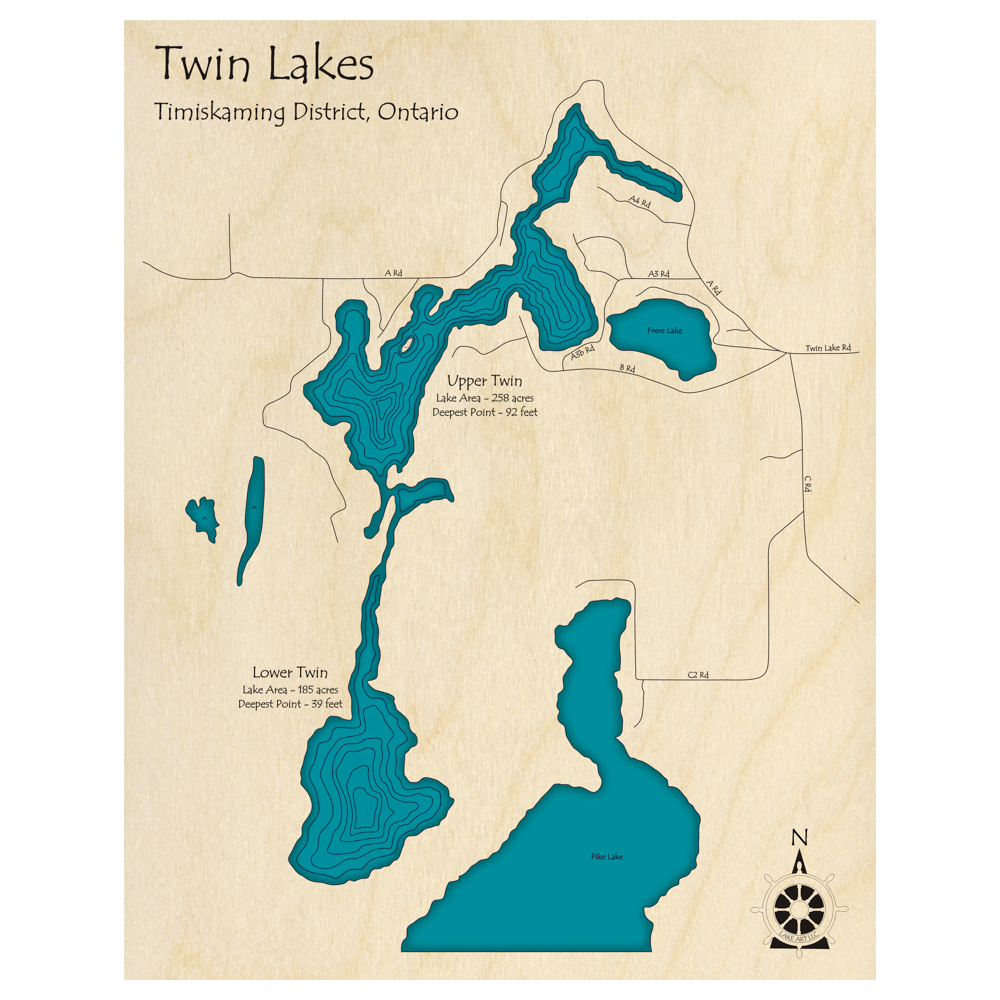 Bathymetric topo map of Twin Lakes, ON with roads, towns and depths noted in blue water.