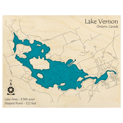 Bathymetric topo map of Lake Vernon, ON with roads, towns and depths noted in blue water.