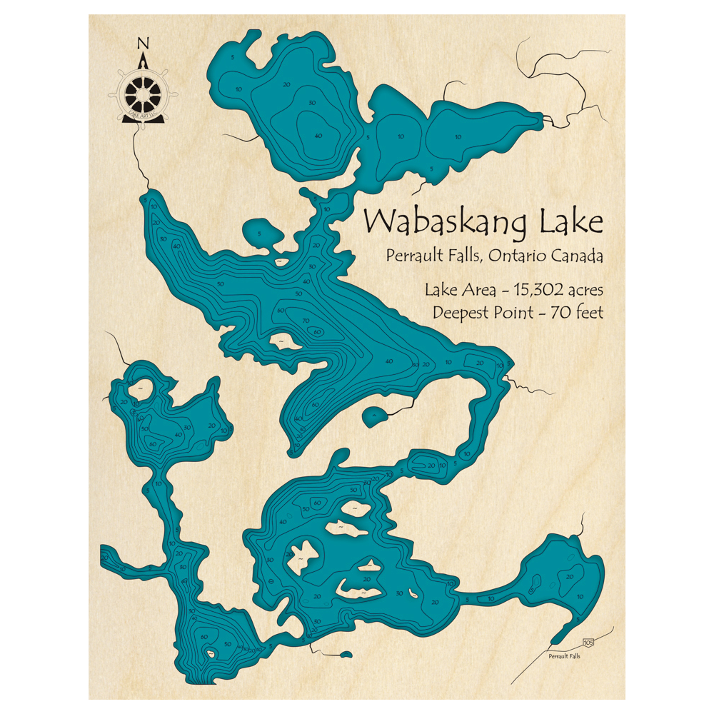 Bathymetric topo map of Wabaskang Lake, ON with roads, towns and depths noted in blue water.