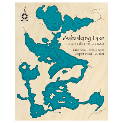 Bathymetric topo map of Wabaskang Lake, ON with roads, towns and depths noted in blue water.