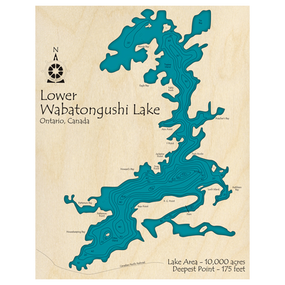 Bathymetric topo map of Lower Wabatongushi Lake, ON with roads, towns and depths noted in blue water.