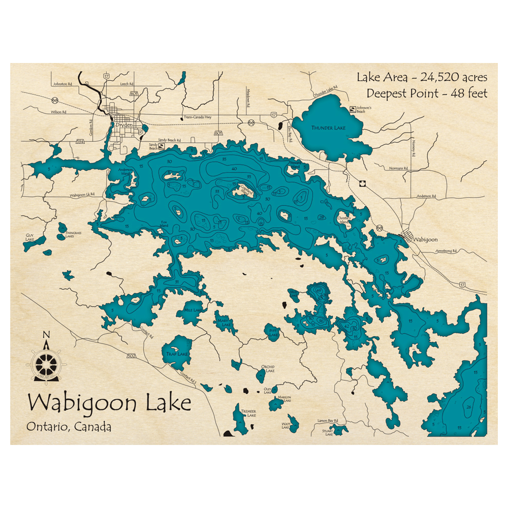 Bathymetric topo map of Wabigoon Lake, ON with roads, towns and depths noted in blue water.