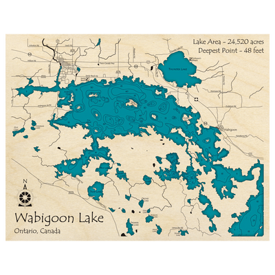 Bathymetric topo map of Wabigoon Lake, ON with roads, towns and depths noted in blue water.