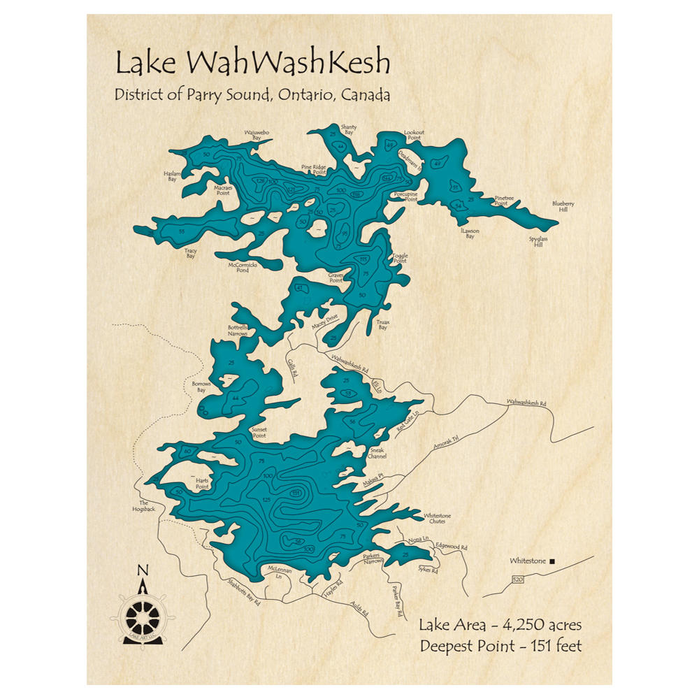 Bathymetric topo map of Lake Wahwashkesh, ON with roads, towns and depths noted in blue water.