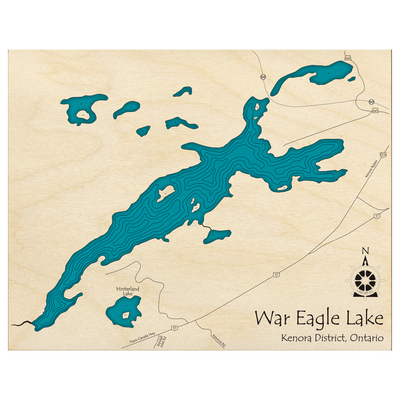 Bathymetric topo map of War Eagle Lake, ON with roads, towns and depths noted in blue water.