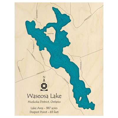 Bathymetric topo map of Waseosa Lake, ON with roads, towns and depths noted in blue water.