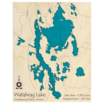 Bathymetric topo map of Watabeag Lake, ON with roads, towns and depths noted in blue water.