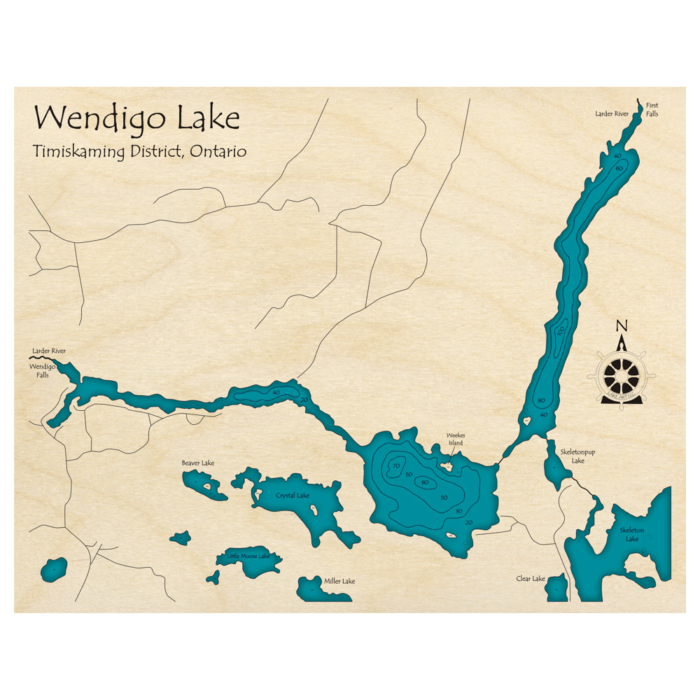 Bathymetric topo map of Wendigo Lake, ON with roads, towns and depths noted in blue water.