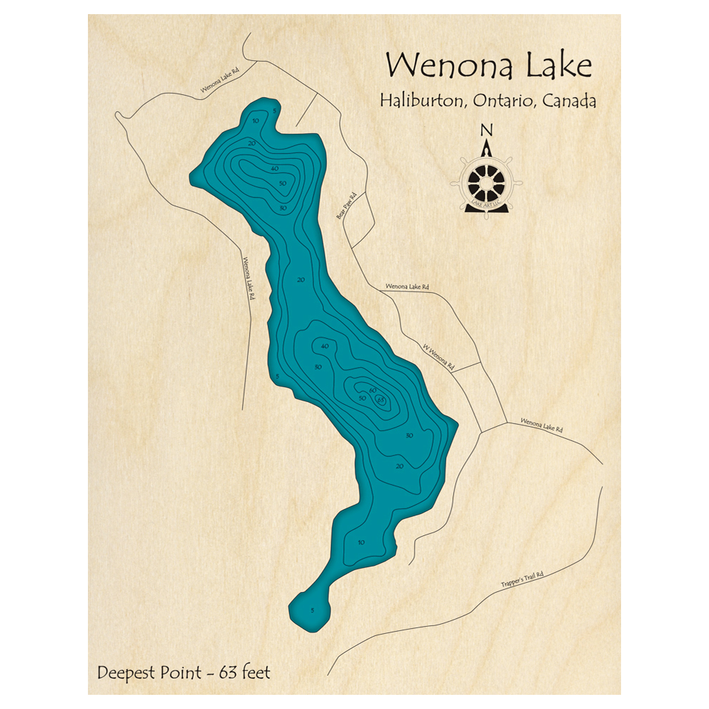Bathymetric topo map of Wenona Lake, ON with roads, towns and depths noted in blue water.