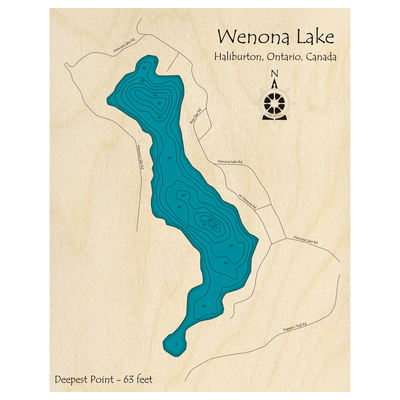 Bathymetric topo map of Wenona Lake, ON with roads, towns and depths noted in blue water.